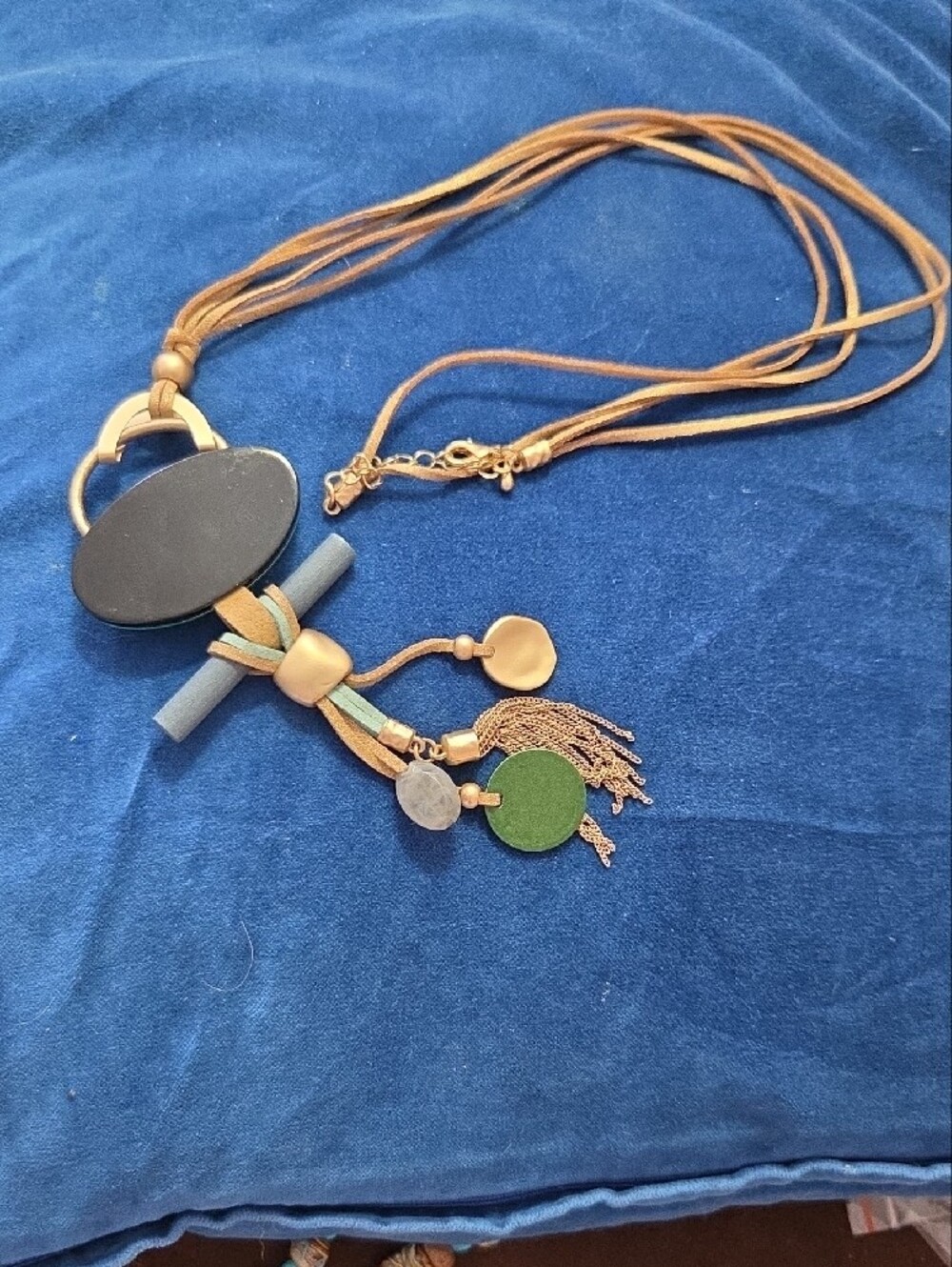 Boho Aqua, Gray & Frosted Goldtone Mixed Media Long Statement Pendant Necklace - Picture 5 of 8